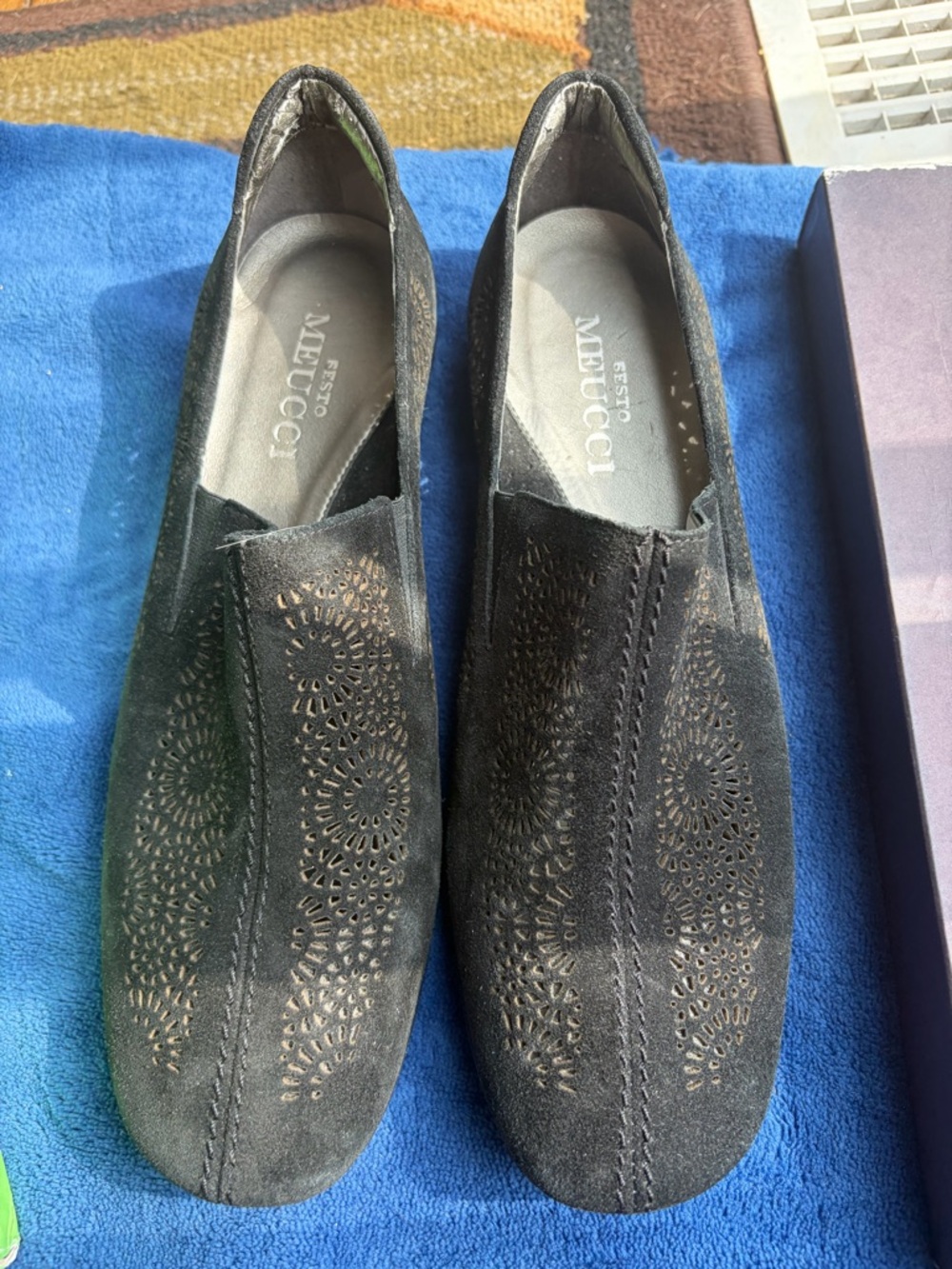 Sesto Meucci Black Suede Perforated Slip-On Loafers